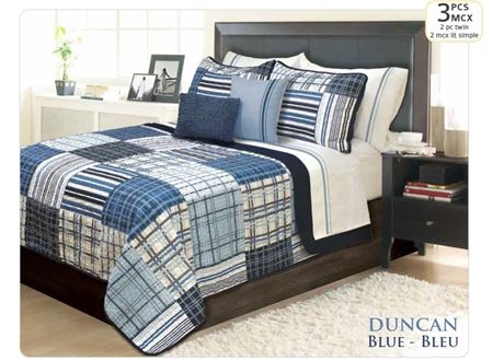 Image de Ens. de courtepointe et couvre-oreillers imprimés bleu pour lit simple - Duncan | 60501.2T.13