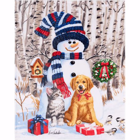 Jeté En Microvision 48 X 60 Bonhomme De Neige Avec Chat Chien